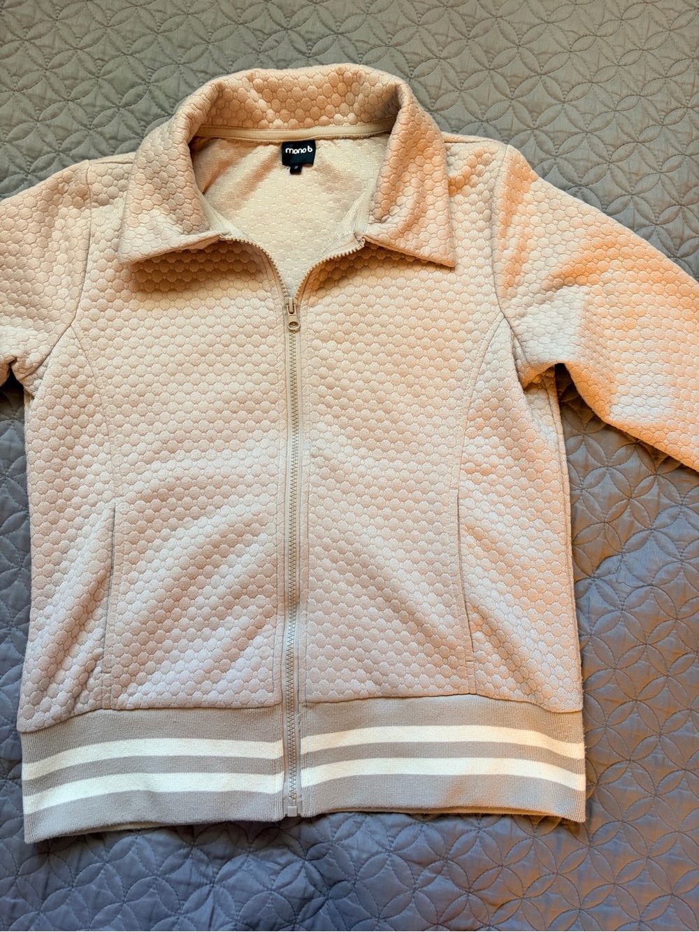 Mono B Cream Quilted Zip Front Varsity Jacket